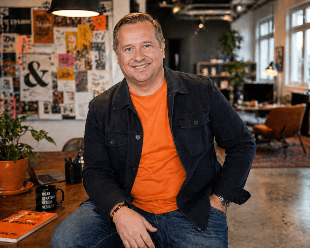 Niklas Jeppsson i en kreativ studiomiljö, med orange tröja.